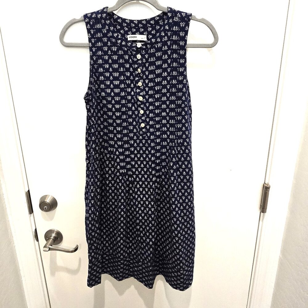 Women's Sonoma Navy Sleeveless Button-Front Dress White Floral Pattern Size S